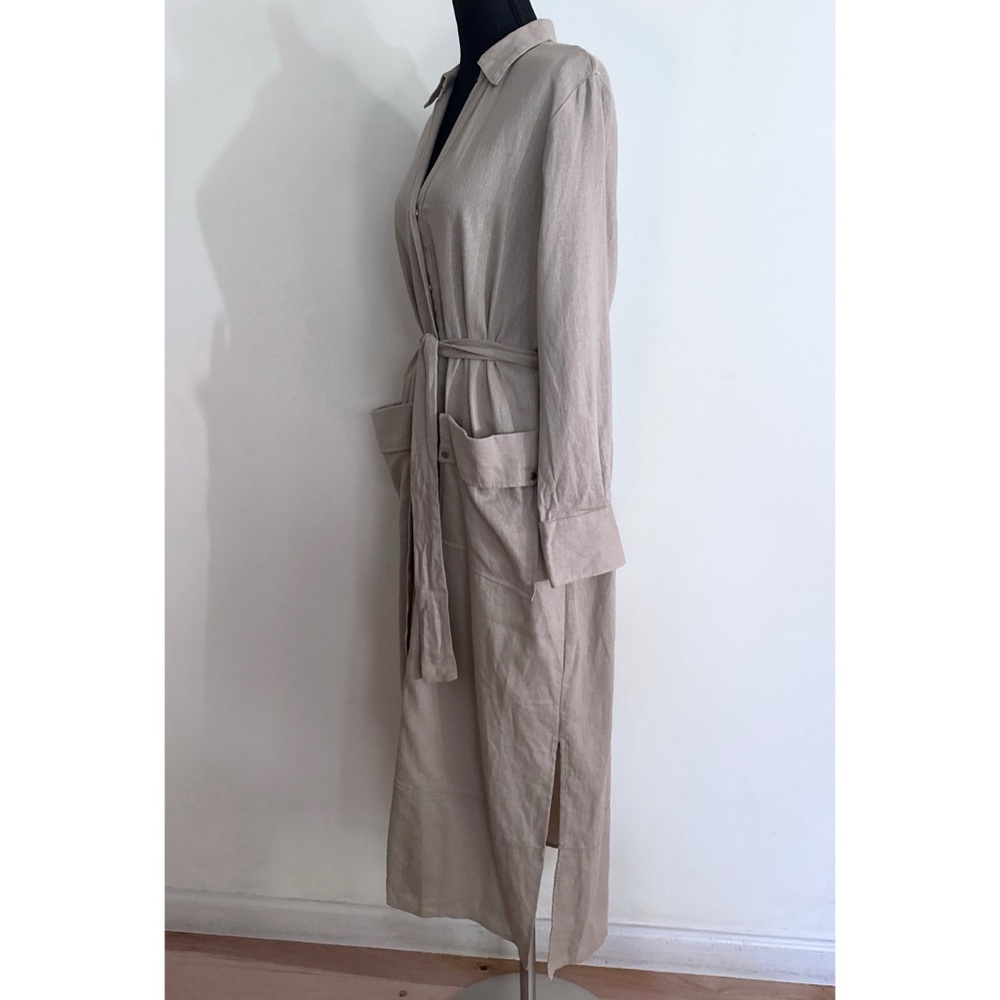 NWT Zara Linen Blend Long Sleeve Gold Buttondown Shirt  Khaki Tan Midi Dress M - Picture 5 of 14